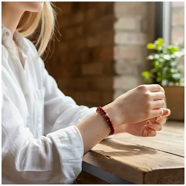 Krystal armb�nd i r�d jaspis m. 6 mm perler | M�l 16 - 17 cm