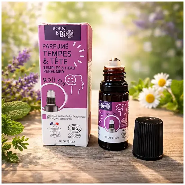 Born to Bio Temples & Head Roll On med �ske og l�g placeret i naturligt milj� med urter og blomster.