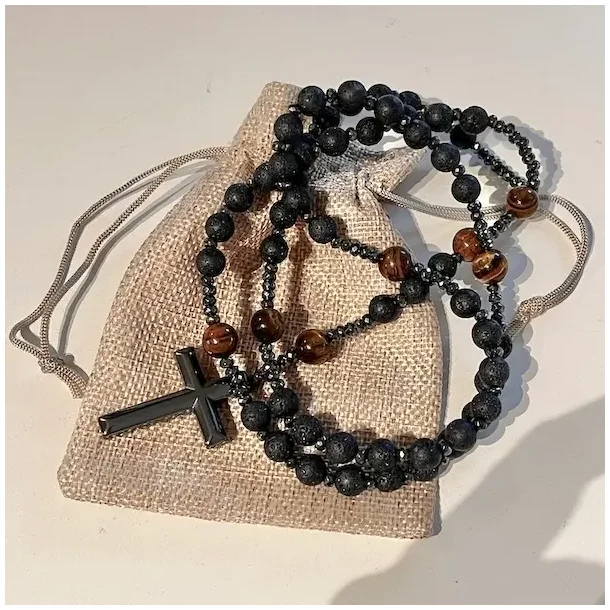 Rosenkransk�de med Lavasten, Tiger�je, H�matitperler og H�matitkors | Totall�ngde 70 cm