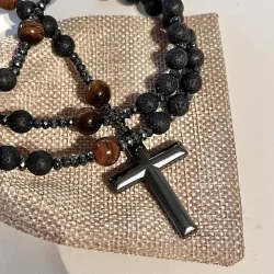 Rosenkransk�de med Lavasten, Tiger�je, H�matitperler og H�matitkors | Totall�ngde 70 cm