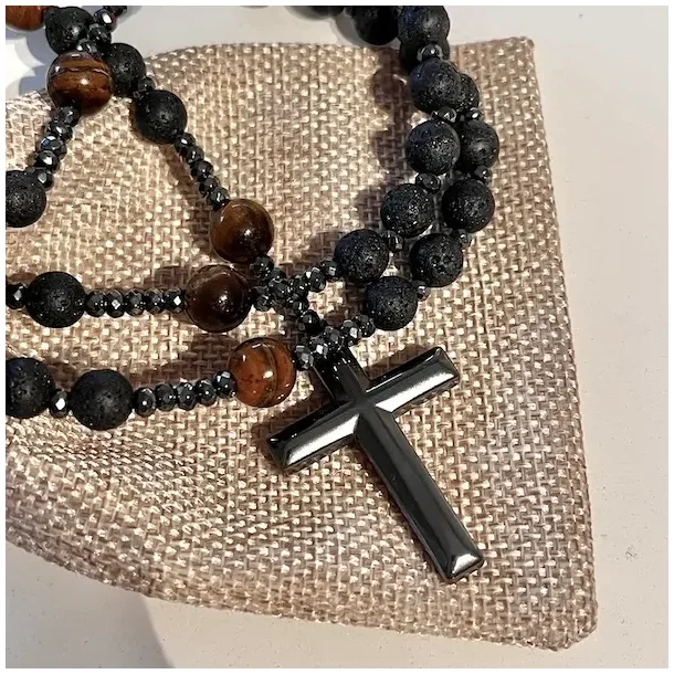 Rosenkransk�de med Lavasten, Tiger�je, H�matitperler og H�matitkors | Totall�ngde 70 cm