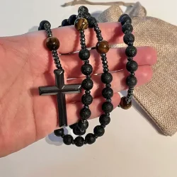Rosenkransk�de med Lavasten, Tiger�je, H�matitperler og H�matitkors | Totall�ngde 70 cm