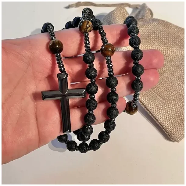 Rosenkransk�de med Lavasten, Tiger�je, H�matitperler og H�matitkors | Totall�ngde 70 cm