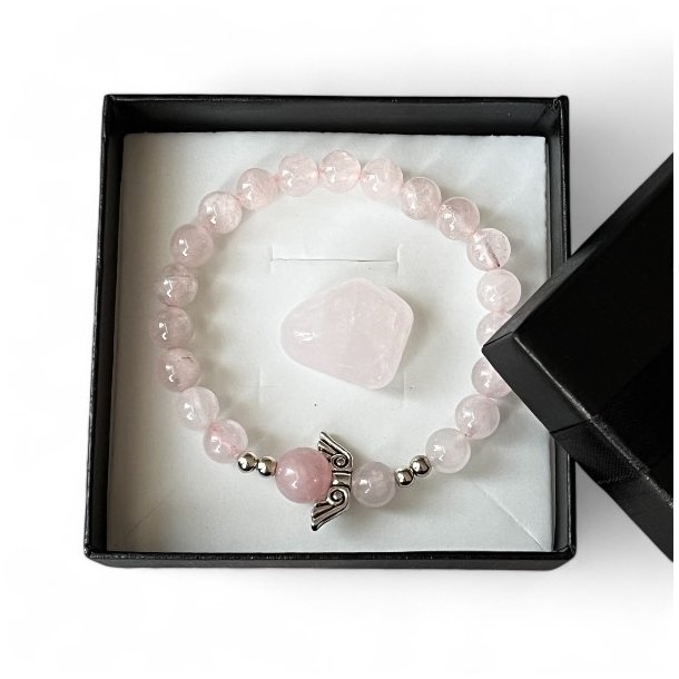 Gavest med Rosenkvarts Armbnd, Skytsengel og Lommesten  Ml 16,5-18 cm