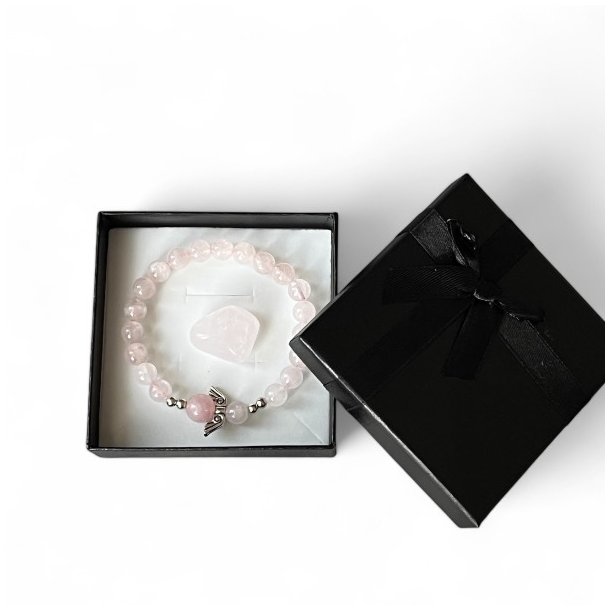 Gavest med Rosenkvarts Armbnd, Skytsengel og Lommesten  Ml 16,5-18 cm