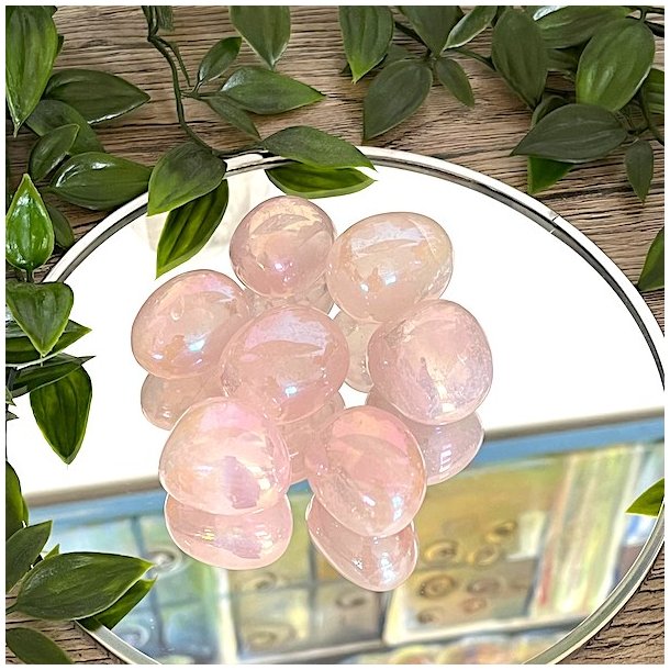 Rosenkvarts aura lommesten runde,  M�l imellem 2,5 - 3 cm