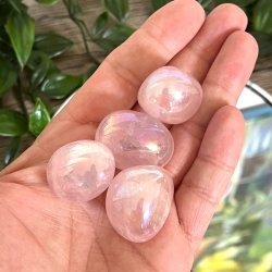 Rosenkvarts aura lommesten runde,  Ml imellem 2,5 - 3 cm