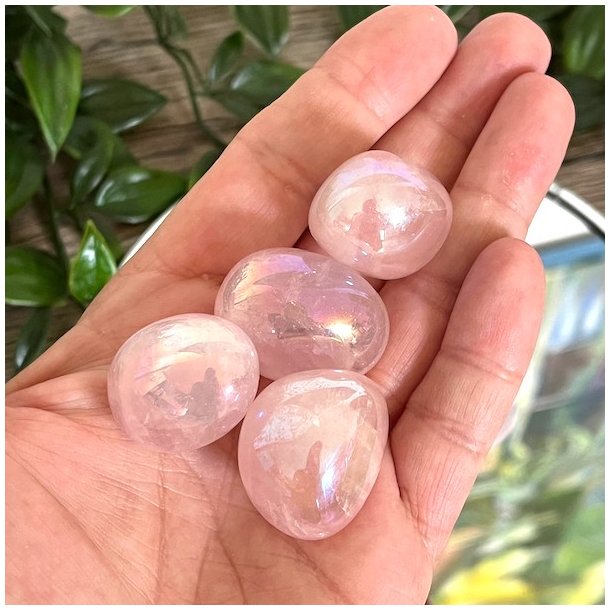 Rosenkvarts aura lommesten runde,  Ml imellem 2,5 - 3 cm