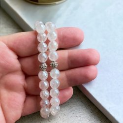 Krystal armbnd | Rosenkvarts Aura facetslebet | 8 mm. stenperler | Charm | Ml 16 - 19 cm