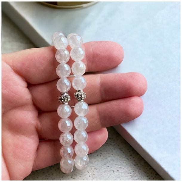 Krystal armbnd | Rosenkvarts Aura facetslebet | 8 mm. stenperler | Charm | Ml 16 - 19 cm