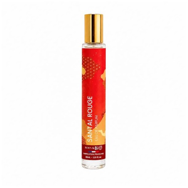 Santal Rouge eau de parfum 30 ml fra Born to Bio med hvid baggrund og elegant fransk parfumedesign