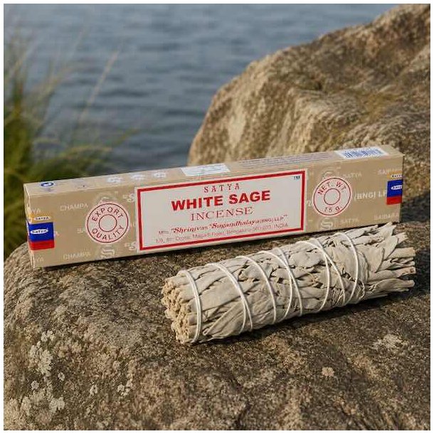 Satya Hvid Salvie h�ndrullede r�gelsespinde 15 g p� natursten ved siden af et bundt hvid salvie.