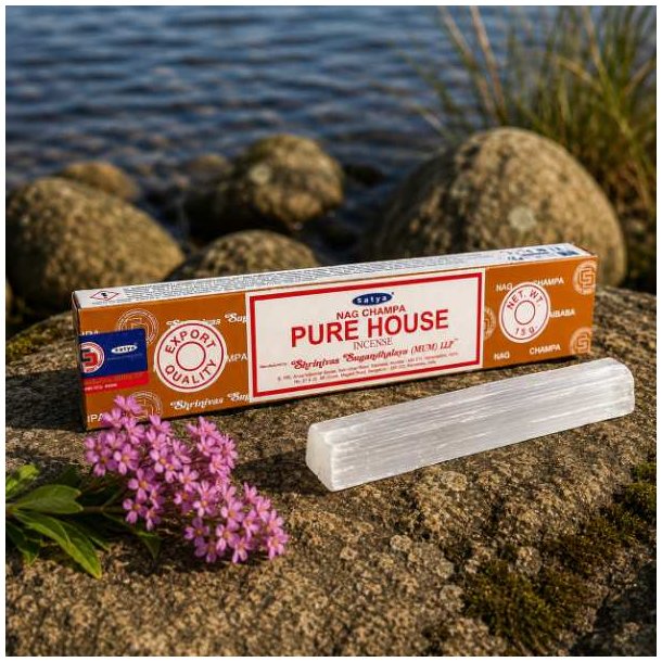 Satya Pure House h�ndrullede r�gelsespinde 15 g p� natursten ved siden af en selenitstav, som symboliserer renhed og harmoni.