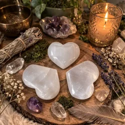 Polerede Selenit Hjerter ca. 6,5 x 6 cm