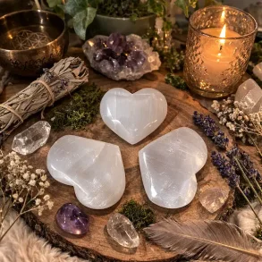 Polerede Selenit Hjerter ca. 6,5 x 6 cm