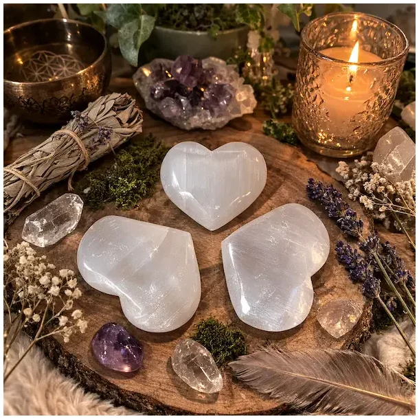 Polerede Selenit Hjerter ca. 6,5 x 6 cm