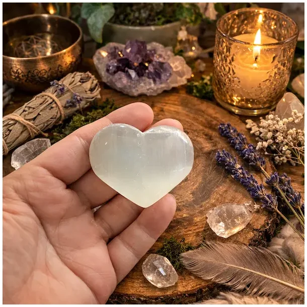 Polerede Selenit Hjerter ca. 6,5 x 6 cm
