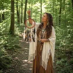 Kvinde holder unik h�ndlavet shaman dr�mmefanger med fjer og perler, som illustrerer dr�mmefangerens st�rrelse og detaljer.