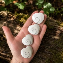 H�nd holder poleret Shiva Shell hjerte med naturlig skovbaggrund og mos