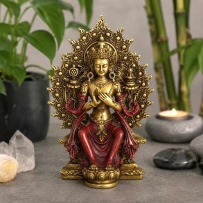 Maitreya Buddha figur 15 x 10 cm i guld og bordeaux med dekorativ str�lekrans.