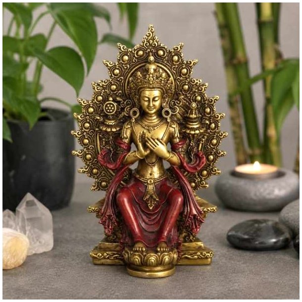 Maitreya Buddha figur 15 x 10 cm i guld og bordeaux med dekorativ str�lekrans.