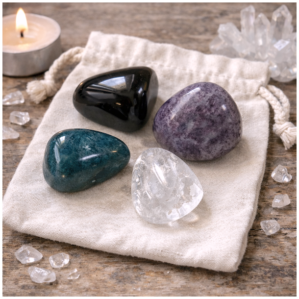 Skyggens Visdom Krystals�t � Lepidolit, Obsidian, Apatit &amp; Bjergkrystal