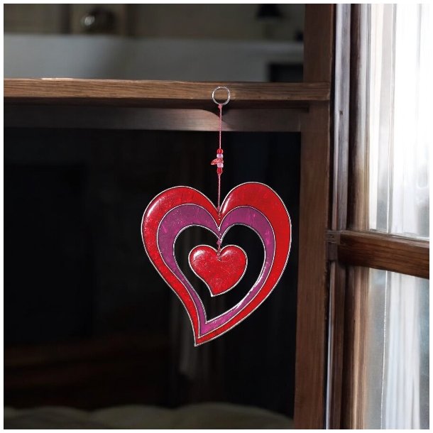 Hndlavet solfanger 11 x 18 cm  dobbelthjerte i rd og violet med lys og varme