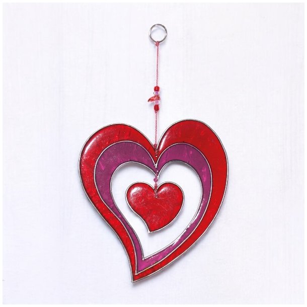 Hndlavet solfanger 11 x 18 cm  dobbelthjerte i rd og violet med lys og varme
