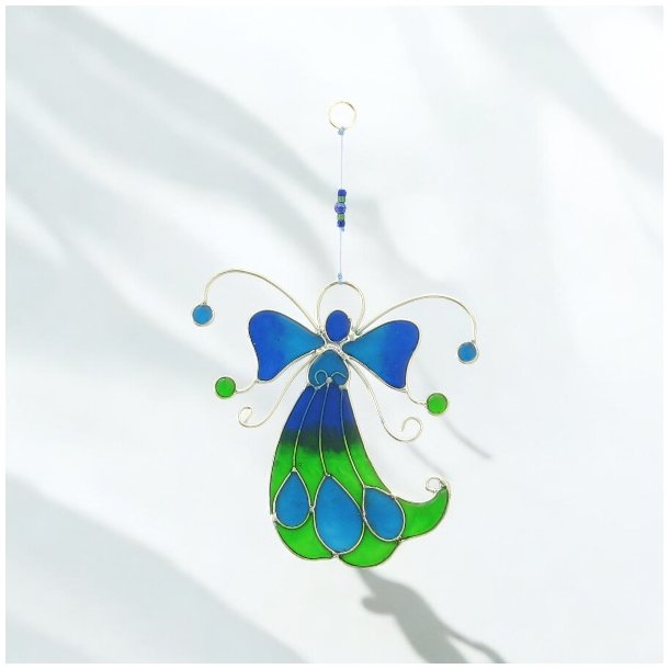 Elegant Hndlavet solfanger med beskyttende engel 14x15 cm i bl og grnne nuancer