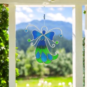 Elegant Hndlavet solfanger med beskyttende engel 14x15 cm i bl og grnne nuancer