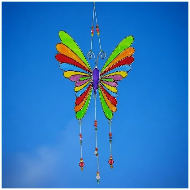 Hndlavet sommerfugle solfanger L: 32 cm i resin med regnbuefarver og perler (A)