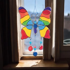 Hndlavet sommerfugle solfanger L: 23 cm med perler og regnbuefarver (B)