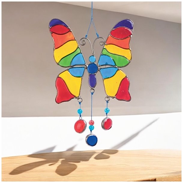 H�ndlavet sommerfugle solfanger L: 23 cm med perler og regnbuefarver (B)