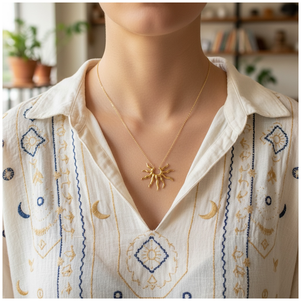 Gylden Solhalsk�de i Forgyldt St�l � Symbol p� Lys, Varme og Indre Kraft