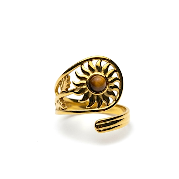 Just�rbar forgyldt st�lring med solmotiv og tiger�je � nikkelfri og farvefast