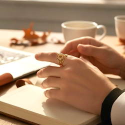 Just�rbar forgyldt st�lring med solmotiv og tiger�je � nikkelfri og farvefast