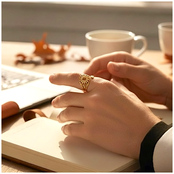 Just�rbar forgyldt st�lring med solmotiv og tiger�je � nikkelfri og farvefast