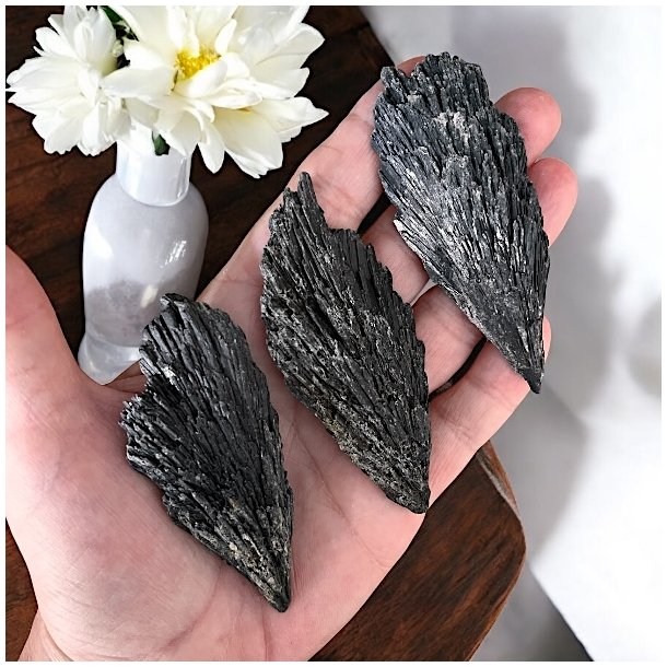 R sort kyanit 6,5-8,5 cm i smuk kvalitet  en strk krystal til beskyttelse og energiforgelse.