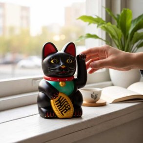 En sort Maneki Neko vinkekat placeret i en lys vindueskarm i et moderne hjem med en gr�n plante i baggrunden.