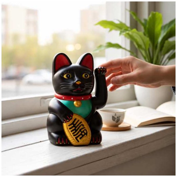En sort Maneki Neko vinkekat placeret i en lys vindueskarm i et moderne hjem med en gr�n plante i baggrunden.