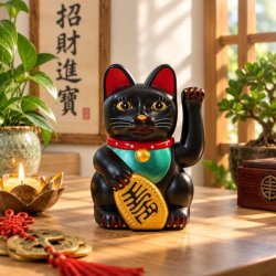 Sort Lucky Cat lykkekat p� et tr�bord omgivet af asiatisk dekoration, et t�ndt stearinlys og et kinesisk skrifttegn p� v�ggen.