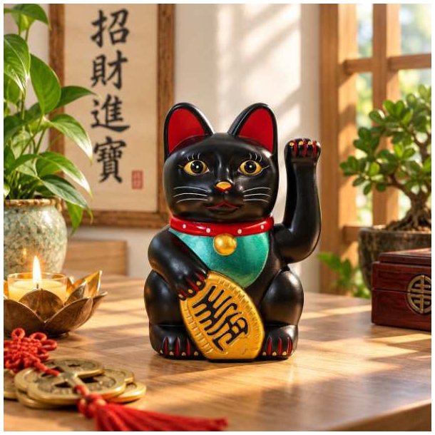 Sort Lucky Cat lykkekat p� et tr�bord omgivet af asiatisk dekoration, et t�ndt stearinlys og et kinesisk skrifttegn p� v�ggen.