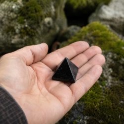 H�nd holder lille sort turmalin pyramide udend�rs i naturligt milj� med mos og sten