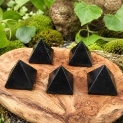 Sort turmalin pyramider p� rustik tr�bakke med naturlig baggrund af mos og gr�nne planter