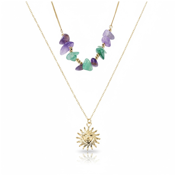 Fluorit halskde med sol vedhng  Forgyldt stl 43 cm  Spirituel og energifyldt smykke