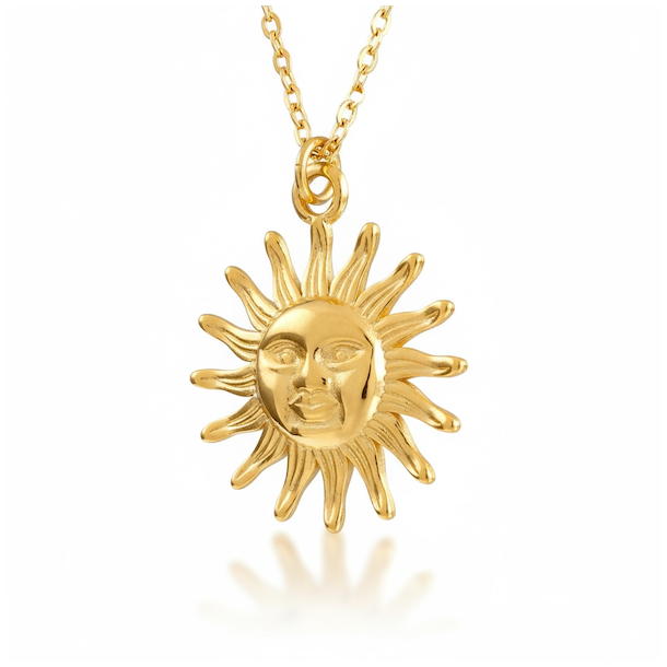 Fluorit halsk�de med sol vedh�ng � Forgyldt st�l 43 cm � Spirituel og energifyldt smykke