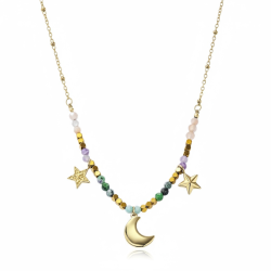 Spirituel halsk�de med m�ne, stjerner og krystaller � Forgyldt st�l 44 cm