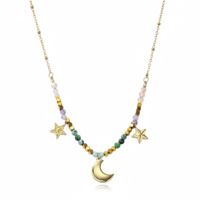 Spirituel halskde med mne, stjerner og krystaller  Forgyldt stl 44 cm