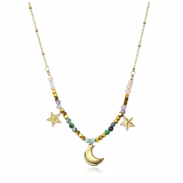 Spirituel halsk�de med m�ne, stjerner og krystaller � Forgyldt st�l 44 cm