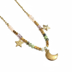 Spirituel halsk�de med m�ne, stjerner og krystaller � Forgyldt st�l 44 cm